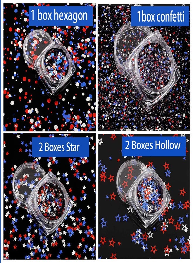 Furimuk Independence Day Star Glitter 4th of July Nail Art Sequins,6 Boxes Holographic Nail Decals Mixed Star Hollow Hexagon Circles Confetti Shaped for Women Girls Face Body Nail Decoration - Image 2